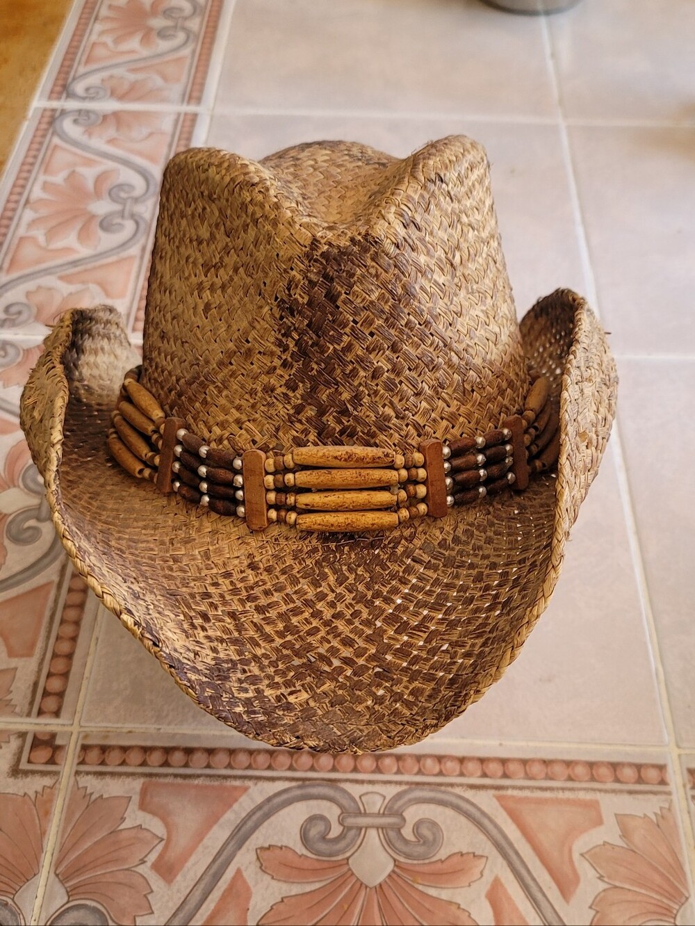 Men's Straw Cowboy Hat with Beaded Band - Brown